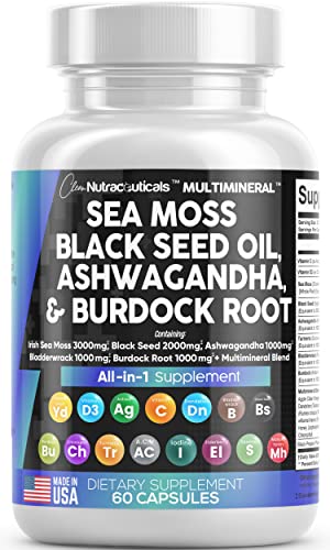 Sea Moss 3000mg Black Seed Oil 2000mg Ashwagandha 1000mg Turmeric 1000mg Bladderwrack 1000mg Burdock 1000mg & Vitamin C & D3 with Elderberry Manuka Dandelion Yellow Dock Iodine Chlorophyll ACV