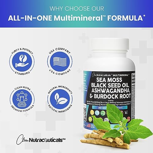 Sea Moss 3000mg Black Seed Oil 2000mg Ashwagandha 1000mg Turmeric 1000mg Bladderwrack 1000mg Burdock 1000mg & Vitamin C & D3 with Elderberry Manuka Dandelion Yellow Dock Iodine Chlorophyll ACV