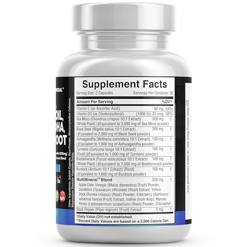 Sea Moss 3000mg Black Seed Oil 2000mg Ashwagandha 1000mg Turmeric 1000mg Bladderwrack 1000mg Burdock 1000mg & Vitamin C & D3 with Elderberry Manuka Dandelion Yellow Dock Iodine Chlorophyll ACV