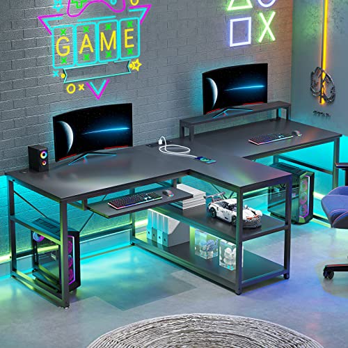 94.5" Office Computer Desk, 2 Person Gaming Desk with Storage, LED Lights, Keyboard Tray, Power Strip with USB & Monitor Stand, Black