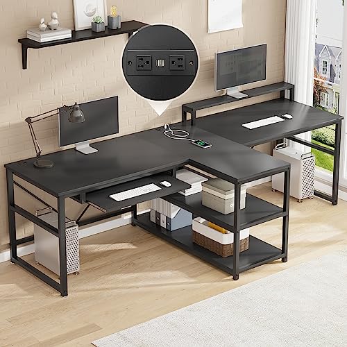 94.5" Office Computer Desk, 2 Person Gaming Desk with Storage, LED Lights, Keyboard Tray, Power Strip with USB & Monitor Stand, Black