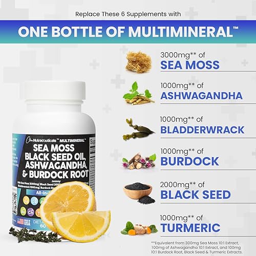 Sea Moss 3000mg Black Seed Oil 2000mg Ashwagandha 1000mg Turmeric 1000mg Bladderwrack 1000mg Burdock 1000mg & Vitamin C & D3 with Elderberry Manuka Dandelion Yellow Dock Iodine Chlorophyll ACV